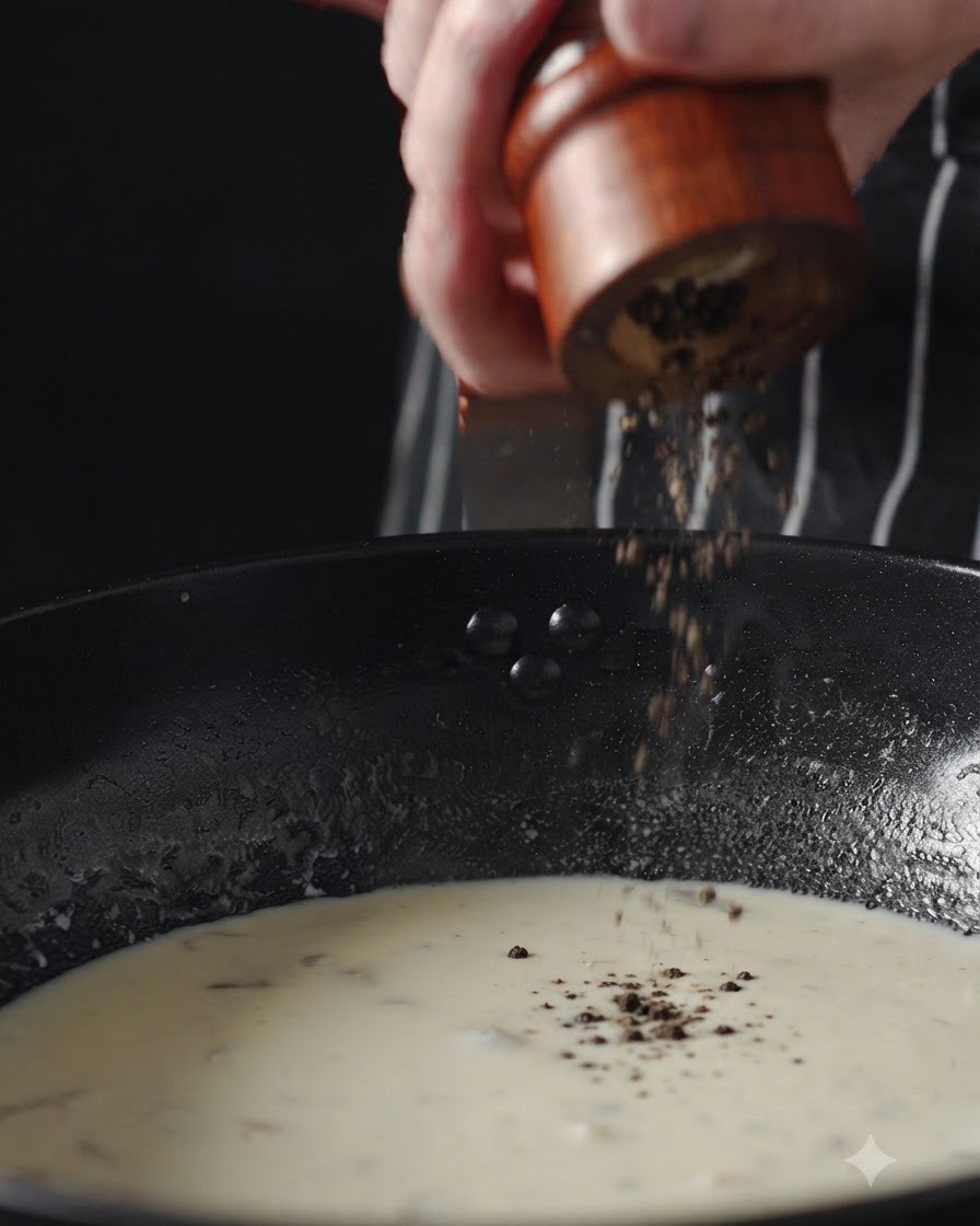 Frisch gemahlener schwarzer Pfeffer fällt aus einer Holzmühle in eine cremeweiße Suppe in einer schwarzen Pfanne.