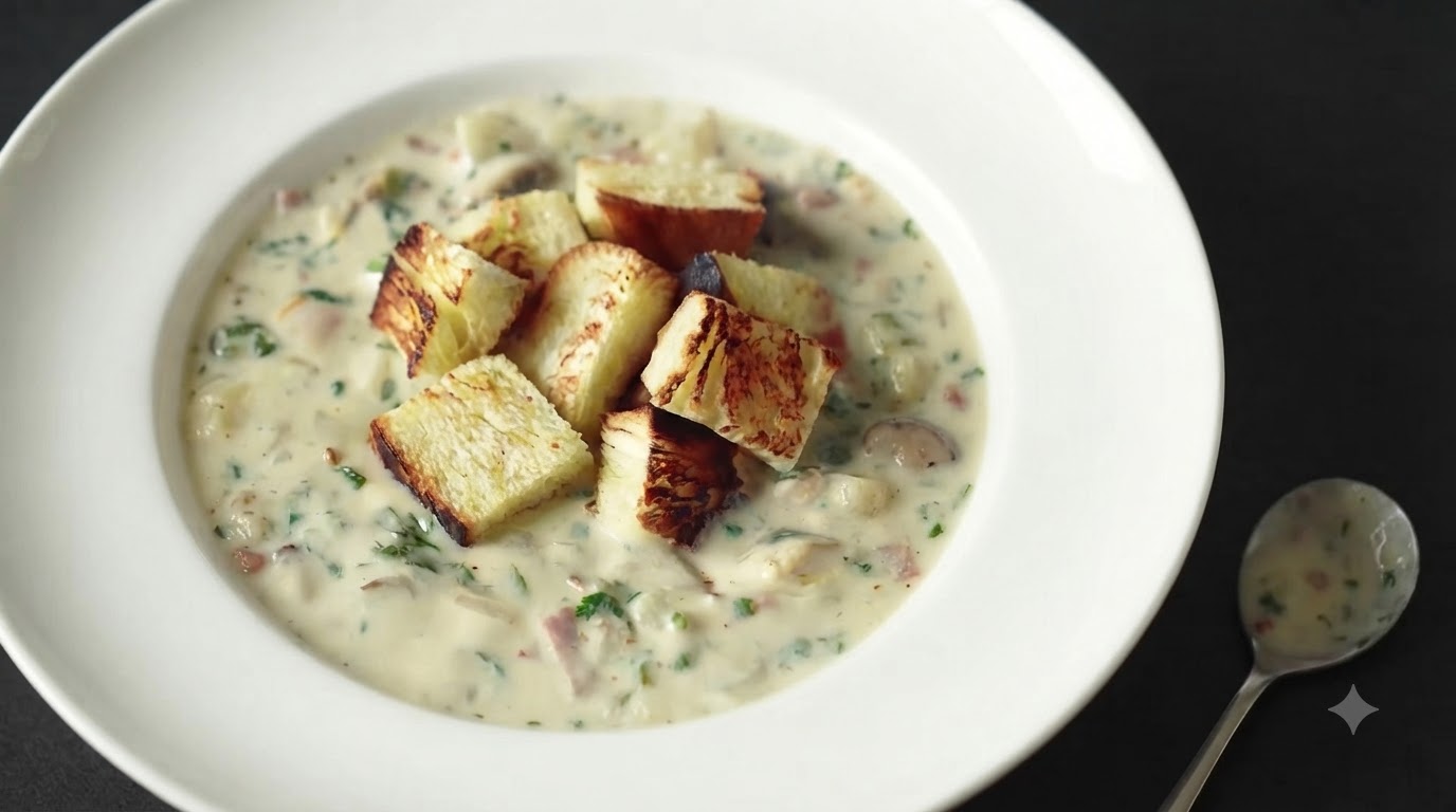 Eine Schüssel cremige Muschelsuppe, garniert mit goldenen Brotwürfeln und frischen Kräutern