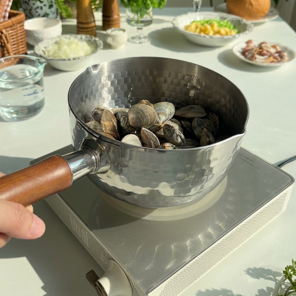 Frische Muscheln in einem Metalltopf mit kaltem Wasser, bereit zum Kochen.