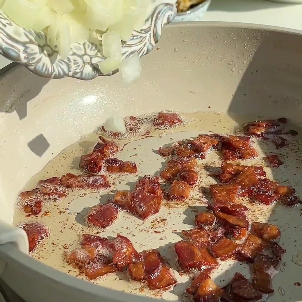 Frisch gehackte Zwiebeln werden von einem weißen Teller in die Pfanne mit den Speckstücken gefüllt.