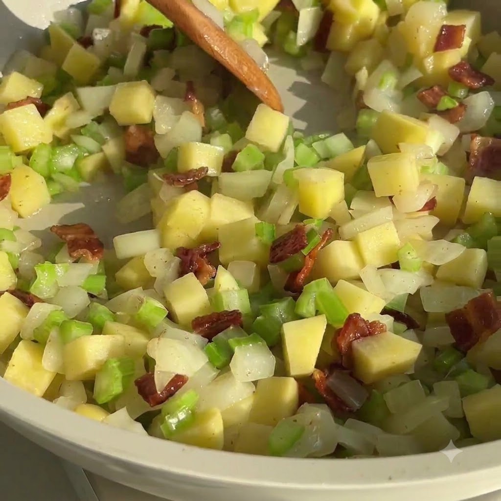 Ein Holzlöffel rührt eine Mischung aus Kartoffeln, Sellerie, Zwiebeln und Speck in einer Pfanne.
