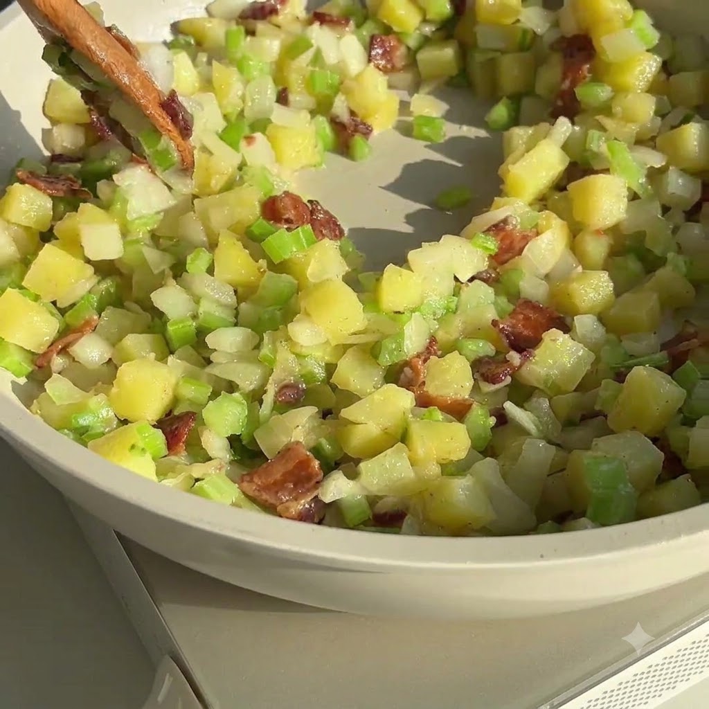 Ein Holzlöffel vermischt die Gemüse-, Speck- und Mehlmischung in einer hellen Pfanne.