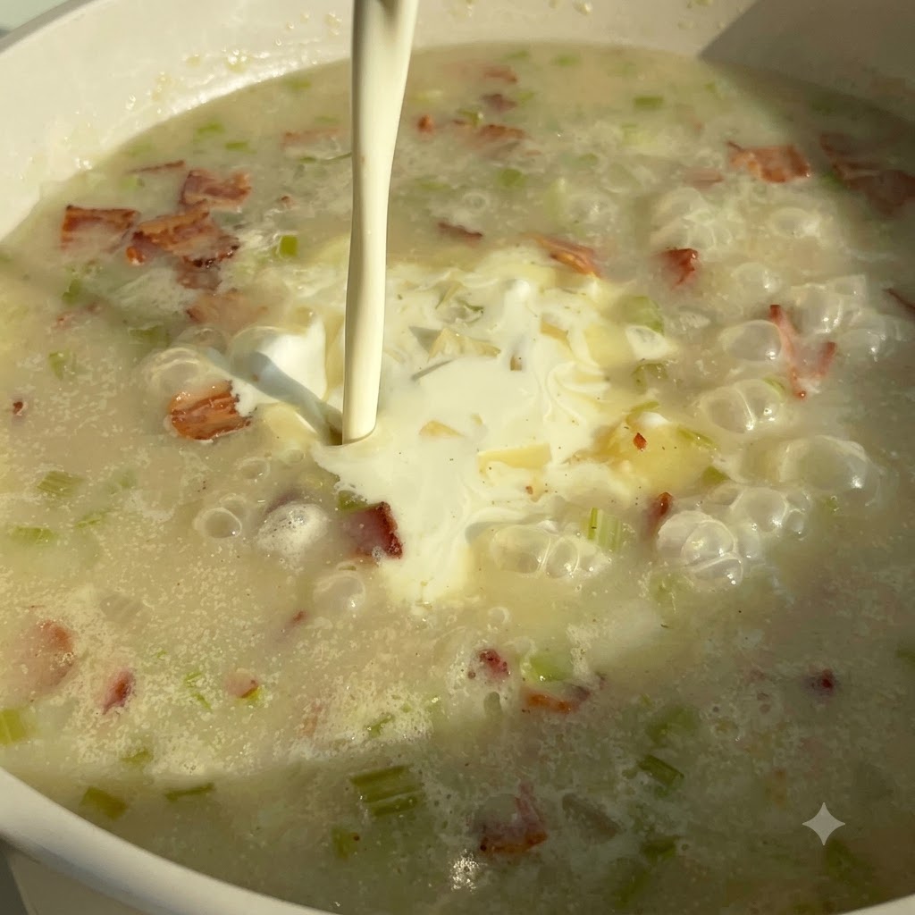 Frische Sahne wird in einen köchelnden Topf mit Suppe, Speck und Gemüse gegossen.