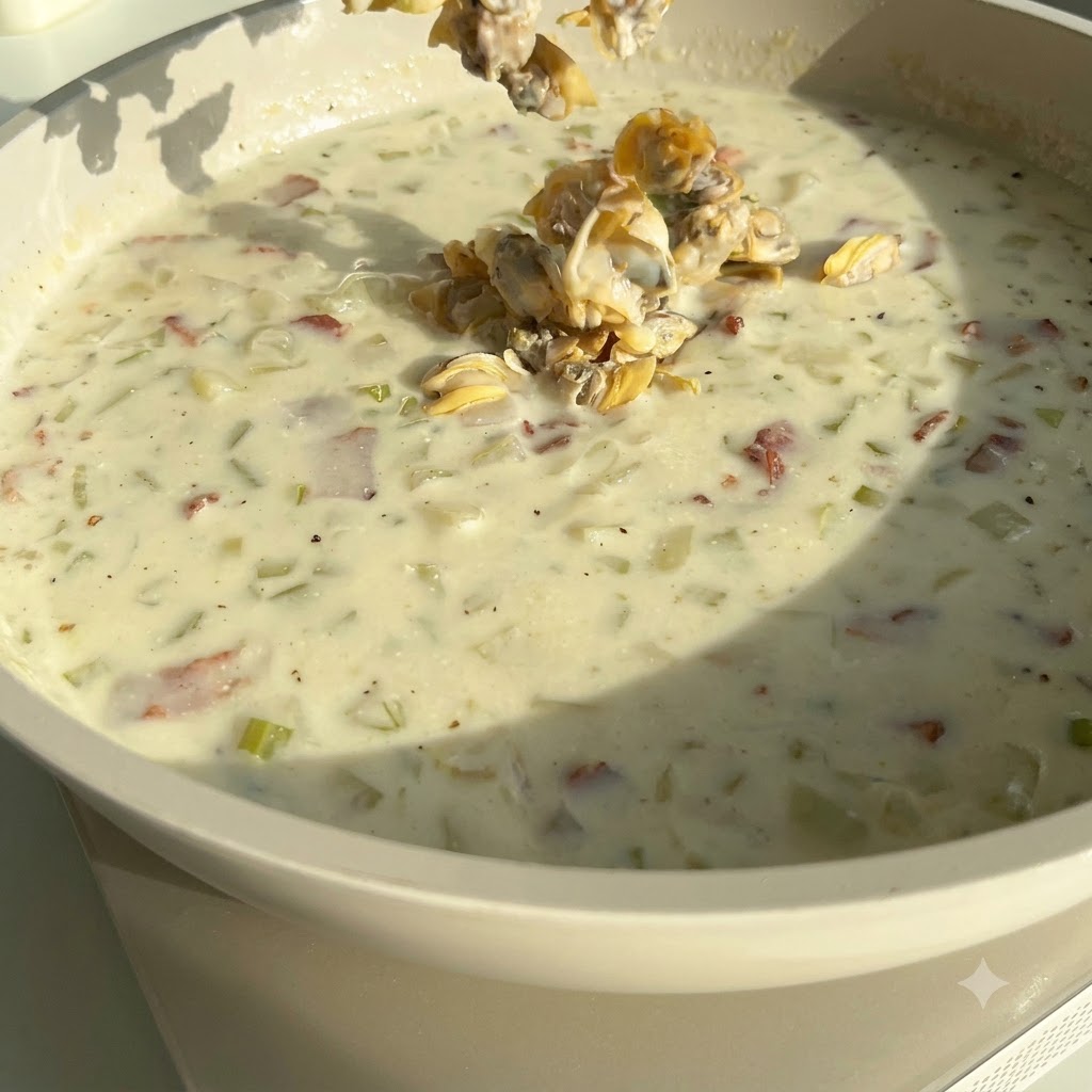Frisch ausgelöstes Muschelfleisch wird in einen großen Topf mit cremiger Suppe gegeben.