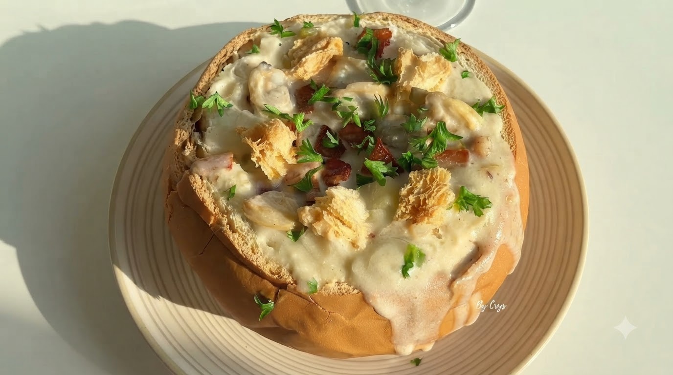 Klassische Amerikanische Muschelsuppe im Brotlaib