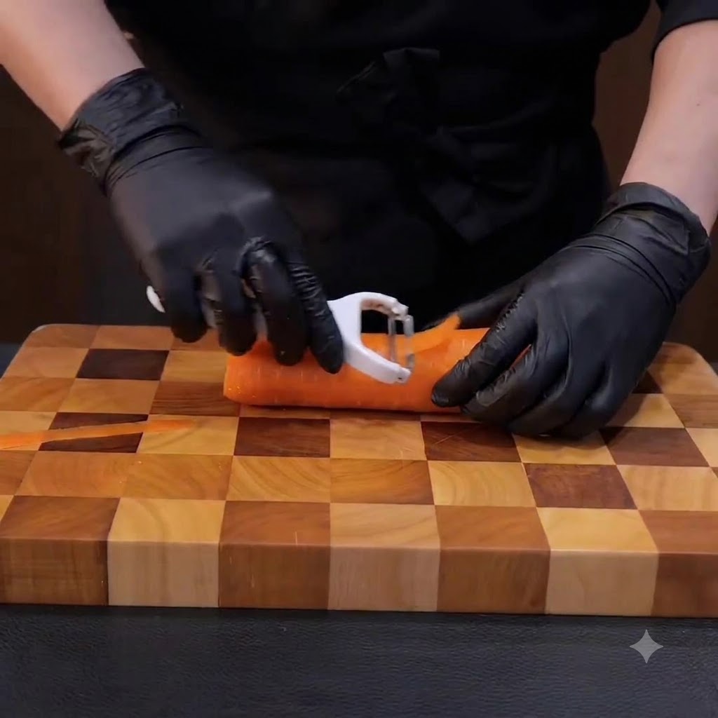 Eine frische Karotte wird mit einem weißen Handkartoffelschäler auf einem Holzschneidebrett sauber geschält.