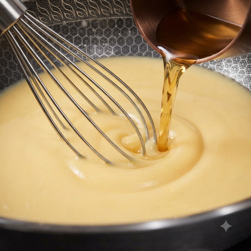 Flüssigkeit wird in eine Pfanne mit Butter und Mehl gegossen und kontinuierlich verquirlt.