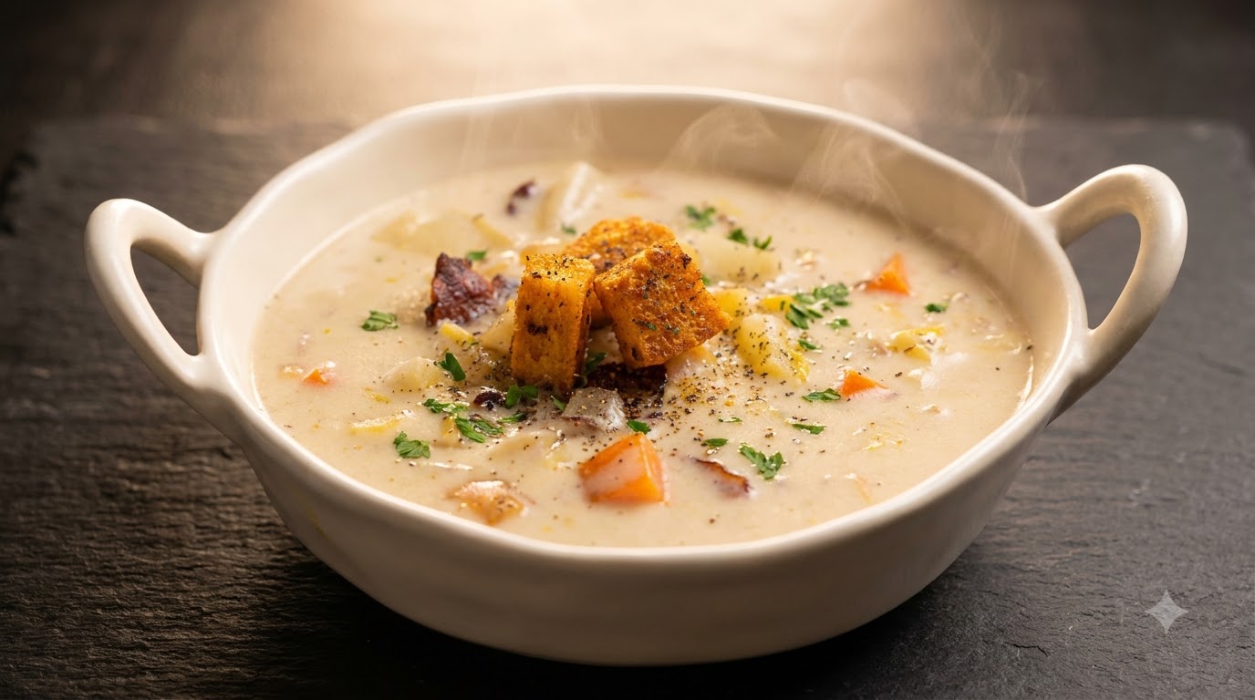 Cremige Muschelsuppe mit Speck und Garnelen