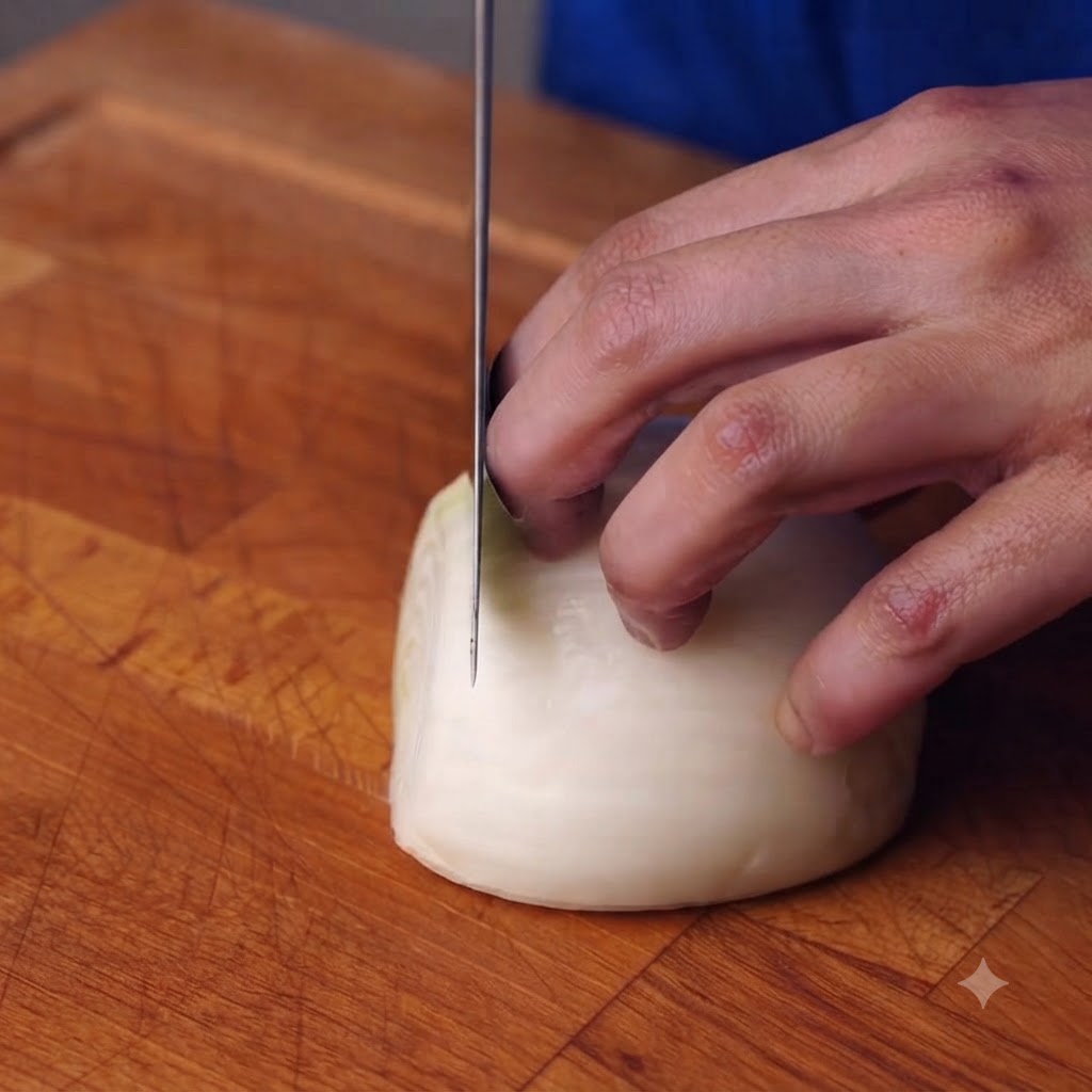 Eine Zwiebel wird mit einem Messer auf einem Holzschneidebrett in Stücke geschnitten.