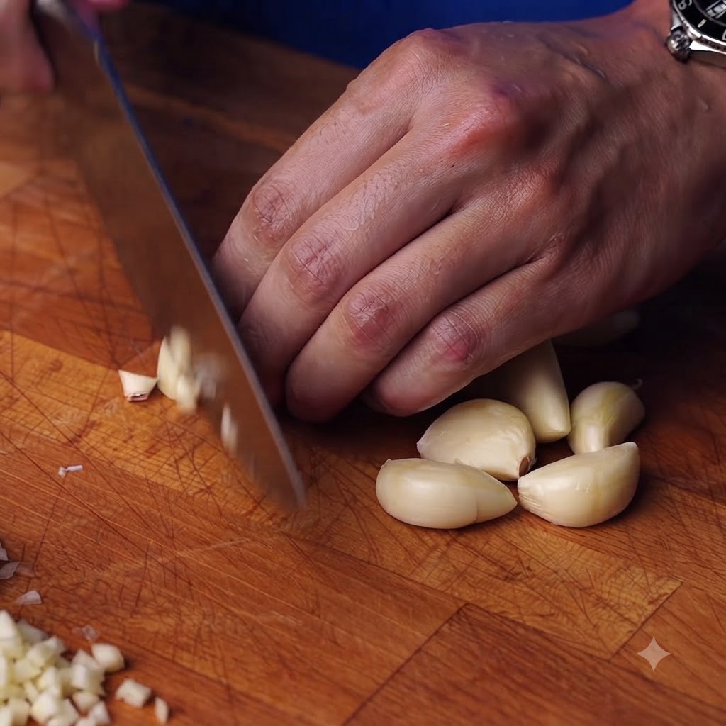 Knoblauchzehen und Tomaten werden auf einem Holzschneidebrett gehackt.