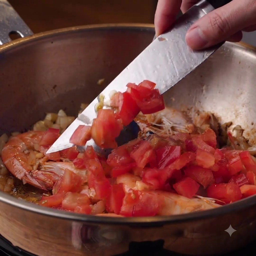 Gehackte Tomaten werden in einen Topf mit Garnelen, Zwiebeln und Knoblauch gegeben.