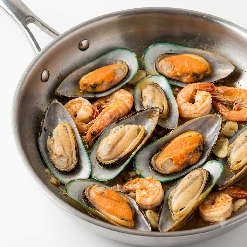 Tiefgekühlte Grünschalenmuscheln zusammen mit Garnelen und Knoblauch in einer Edelstahlpfanne angeordnet.