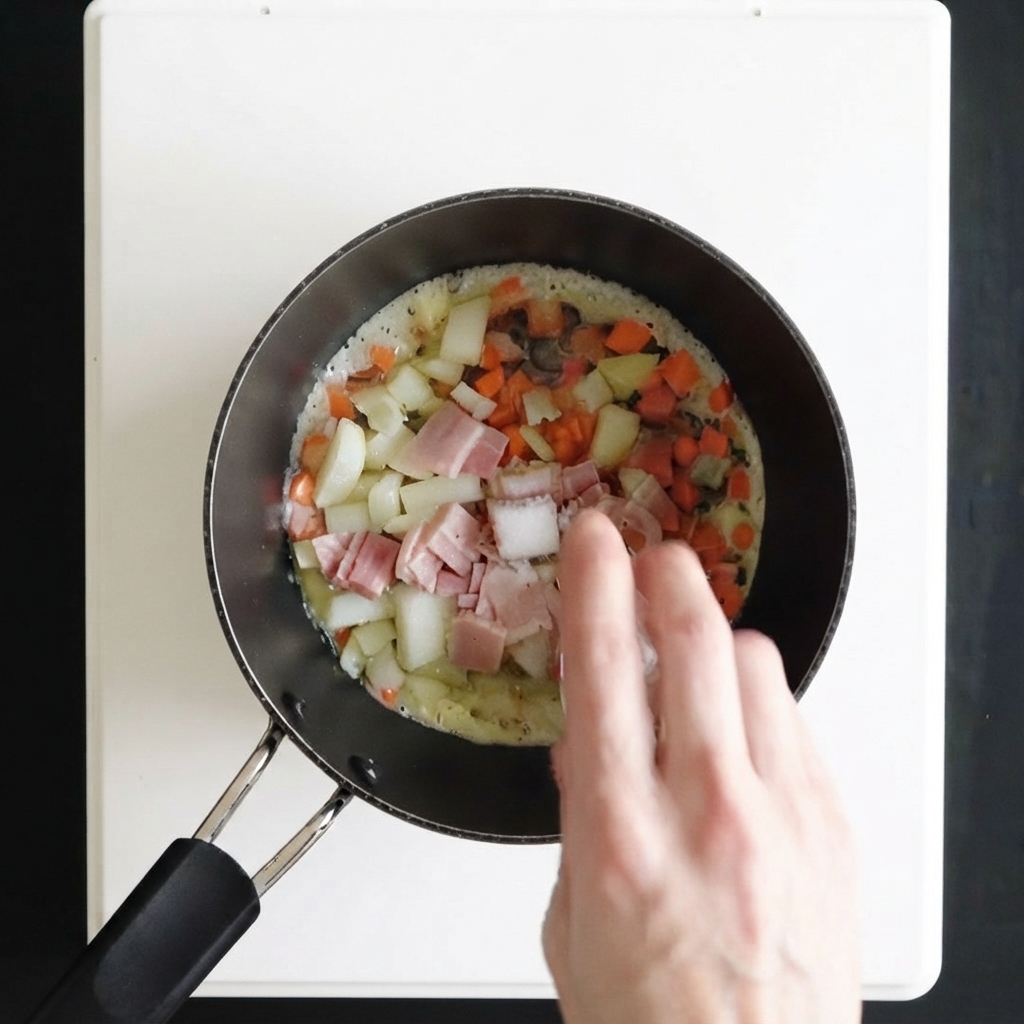 Eine Hand würzt gewürfelte Karotten, Zwiebeln und Speck, die in einem Stieltopf braten.