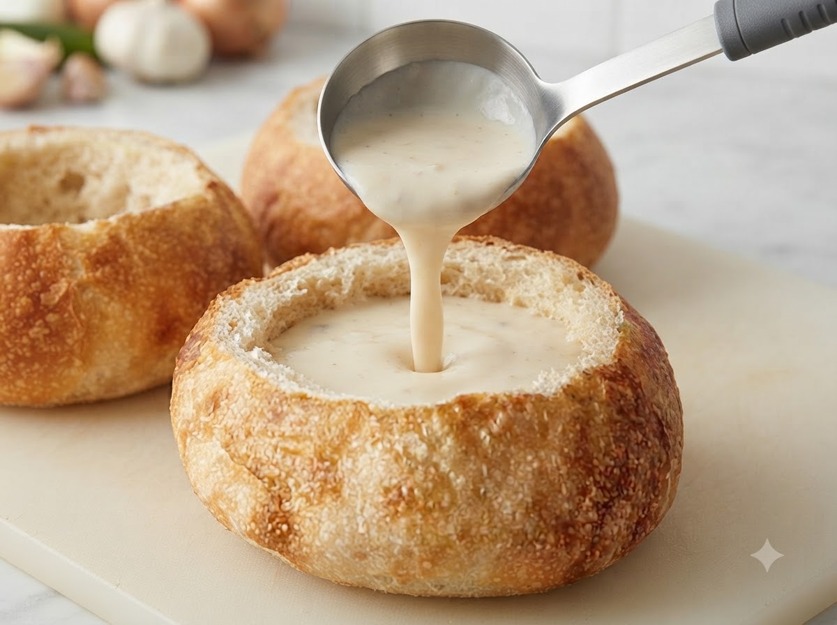 Eine Schöpfkelle gießt cremige Suppe in die Mitte eines ausgehöhlten runden Brotlaibs.