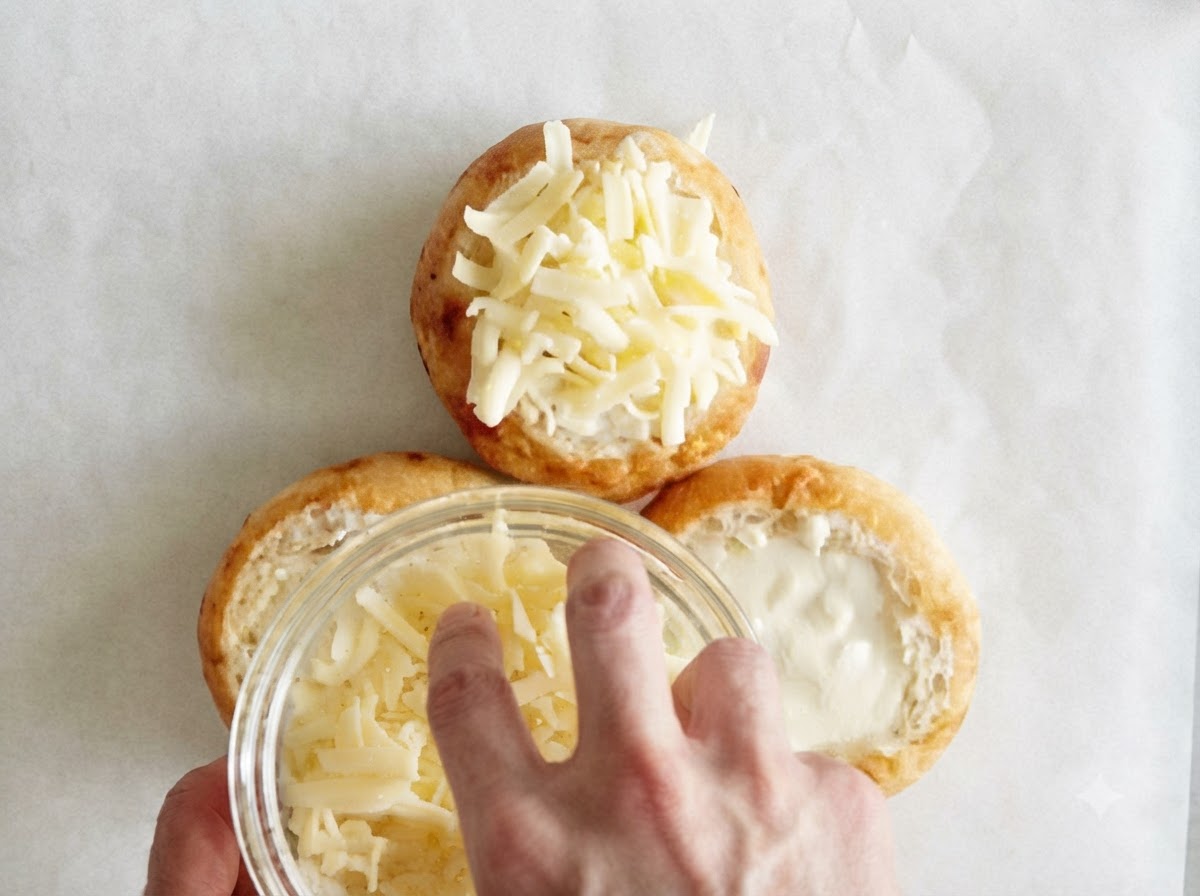 Geriebener Käse wird per Hand aus einer Glasschüssel auf die suppengefüllten Brotlaibe gestreut.