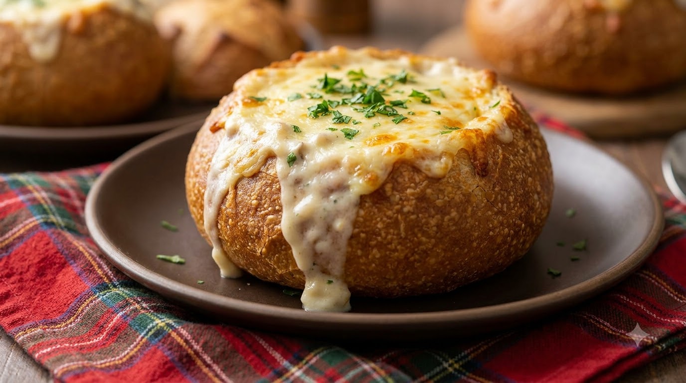 Cremige Muschelsuppe im Brotlaib