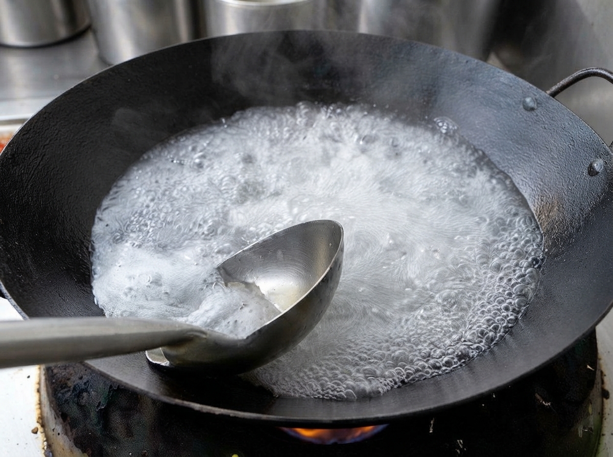 Eine Metallkelle schöpft weißen Schaum von der Oberfläche eines Topfes mit kochender Suppe.