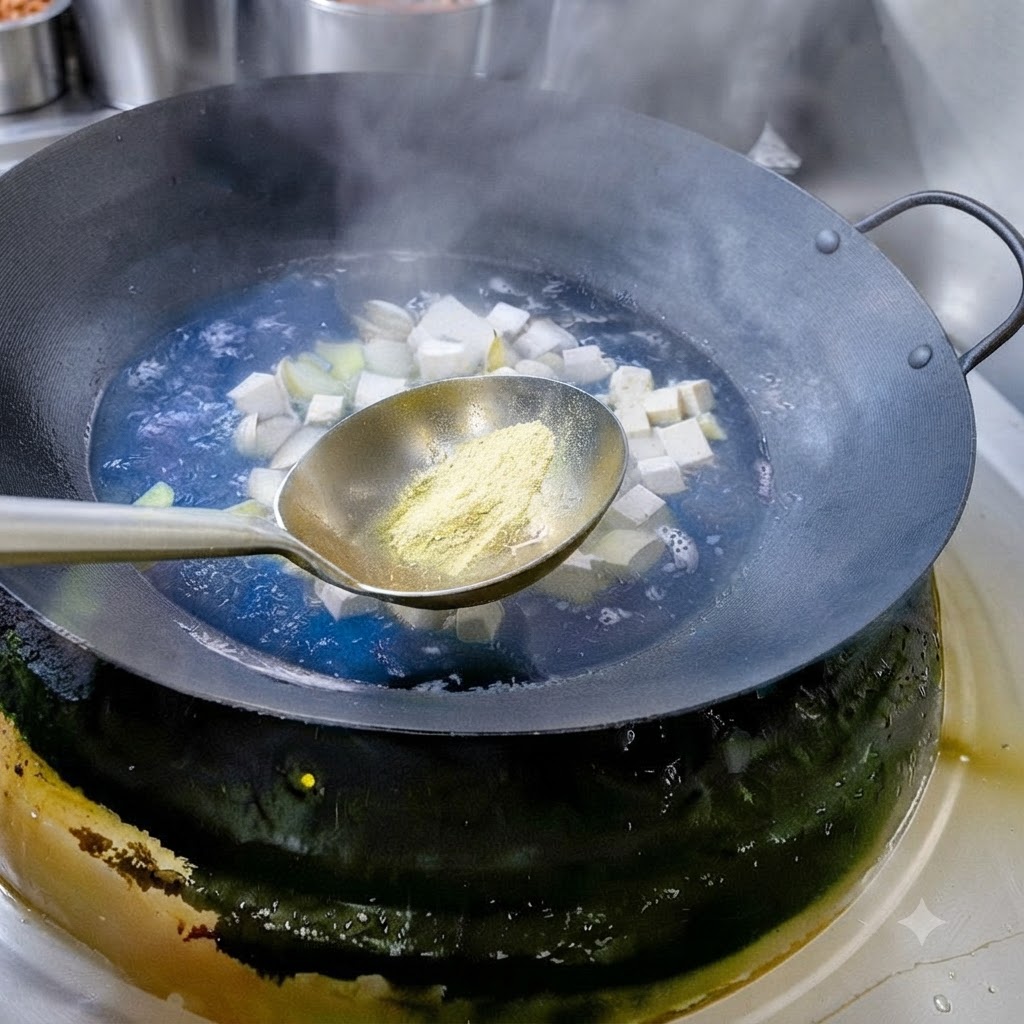Ein Löffel voll Salz und weißem Pfefferpulver wird in einen Topf mit blubbernder Suppe gegeben.