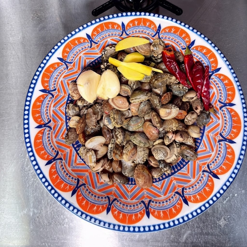 Gereinigte Muscheln, Ingwerscheiben, Knoblauchzehen und ganze getrocknete Chilis auf einem bunt gemusterten Teller angeordnet.