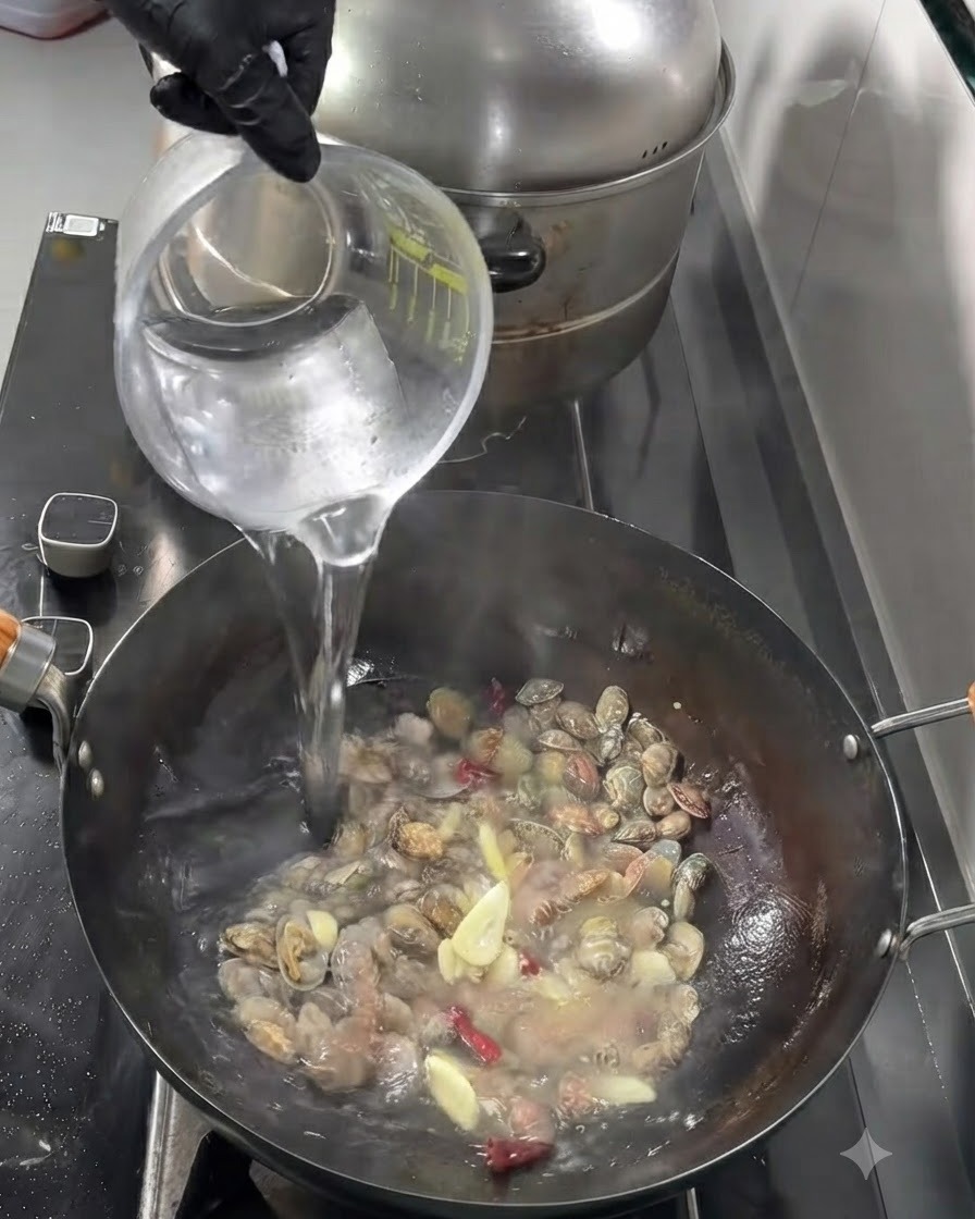Heißes Wasser gießt aus einem Messbecher in den Wok mit den angebratenen Zutaten.