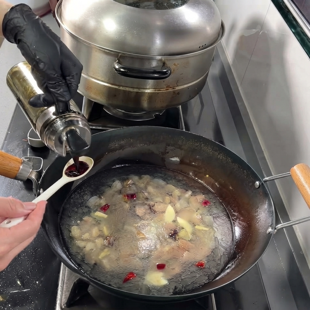 Sojasauce wird mit einem Löffel abgemessen und zur kochenden Brühe in den Wok gegeben.