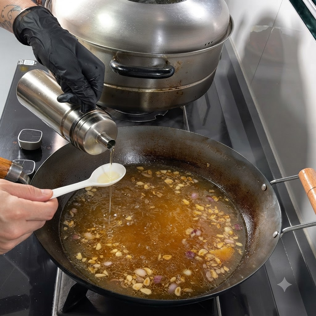 Sojasauce wird in einen Löffel gegossen, der über einem Wok voller köchelnder Suppe und Aromaten gehalten wird.