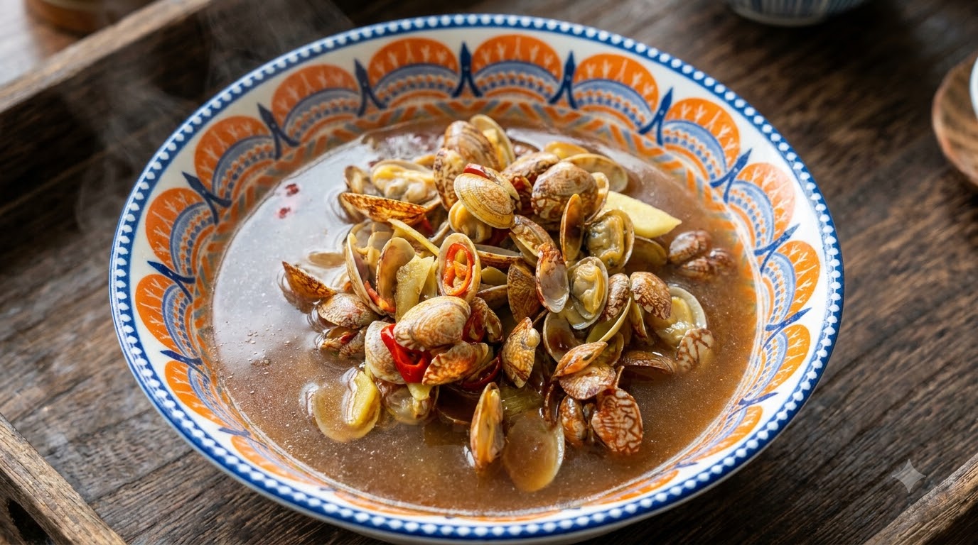 Eine warme Schüssel Sojasaucen-Muschelsuppe, garniert mit frischen Chilis und Ingwer in einer gemusterten Schüssel.