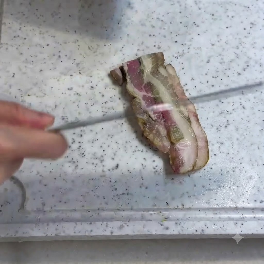 Ein Stück Speck wird auf einem weißen Schneidebrett geschnitten.