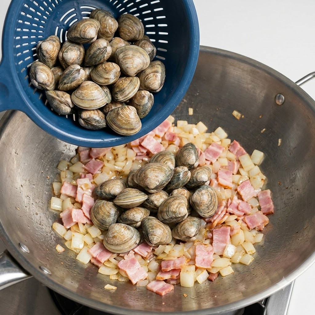 Rohe Muscheln werden in den Wok mit den angebratenen Speck- und Zwiebelstücken gegeben.