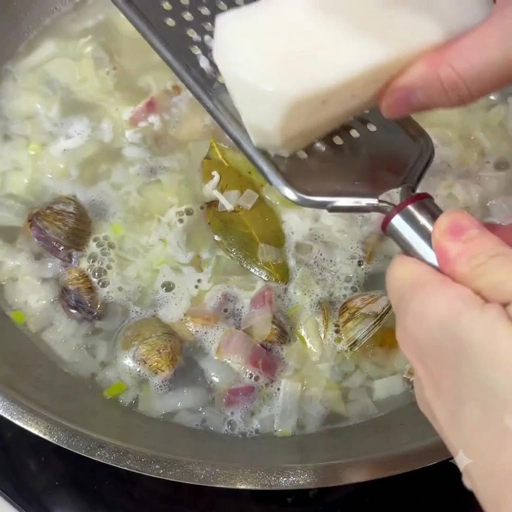Frische Yamswurzel wird mit einer Metallreibe direkt in die köchelnde Brühe mit Muscheln und Zwiebeln gerieben.