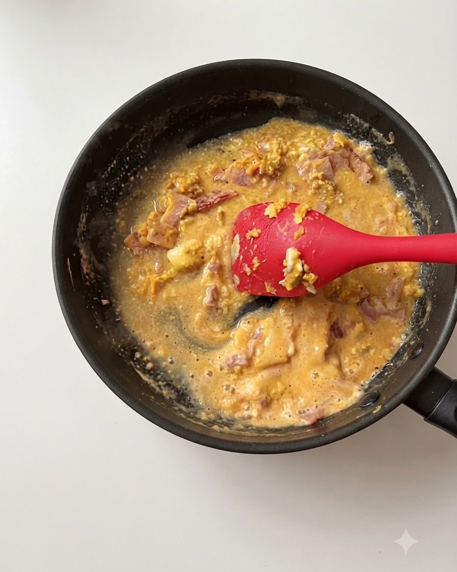 Ein roter Silikonspatel rührt eine eindickende goldene Salted-Egg- und Speck-Sauce in einer Pfanne um.