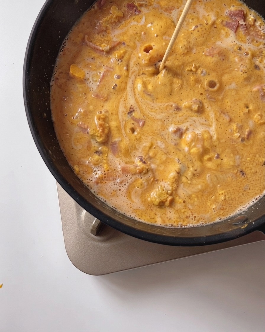 Schlagsahne wird in die köchelnde Sauce in der Pfanne gegossen und untergerührt.