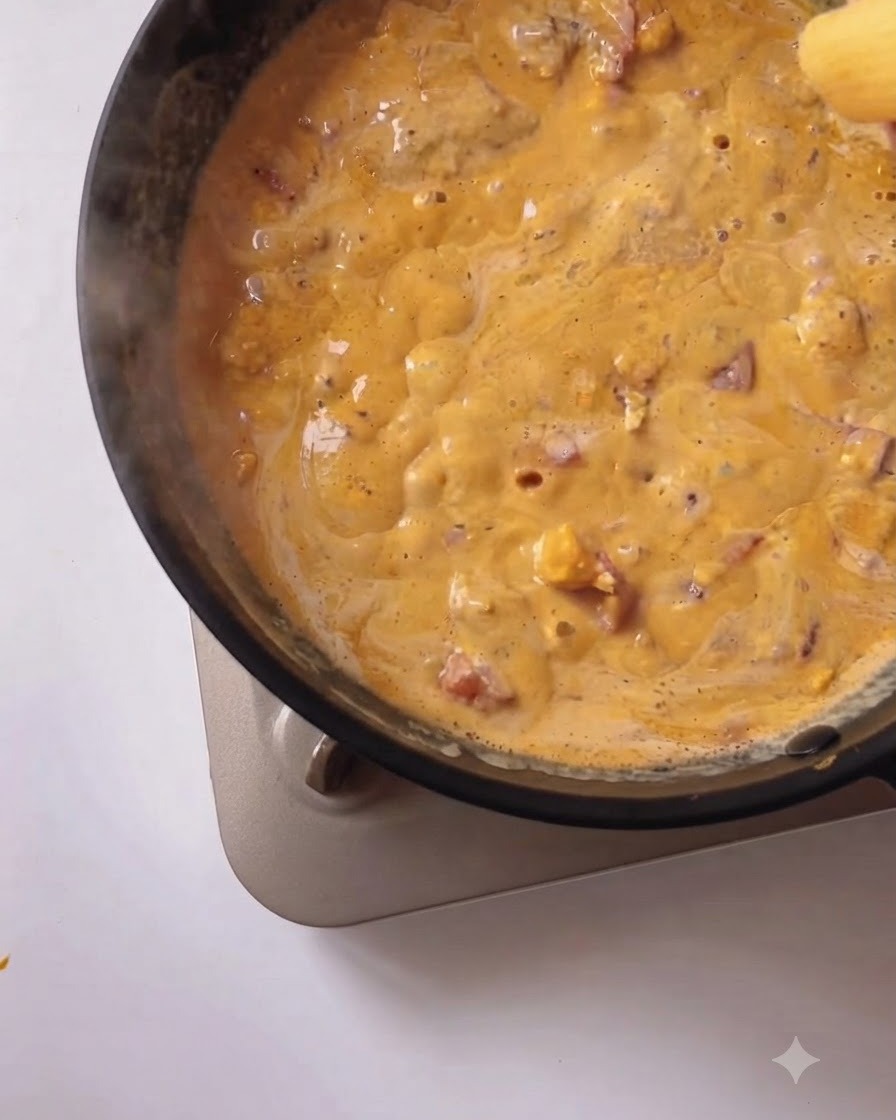 Gekochte Pastastücke werden in die reichhaltige cremige Sauce in der Pfanne gegeben.