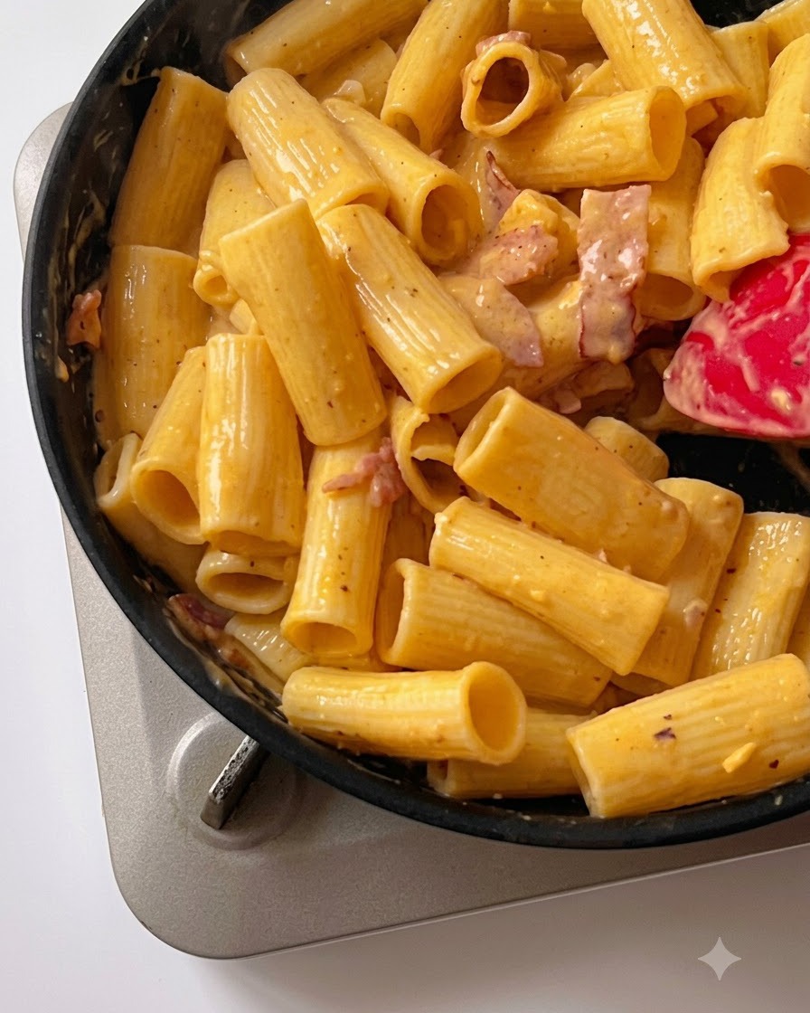 Gewürze werden über die Pasta-Saucen-Mischung in der Pfanne gestreut.