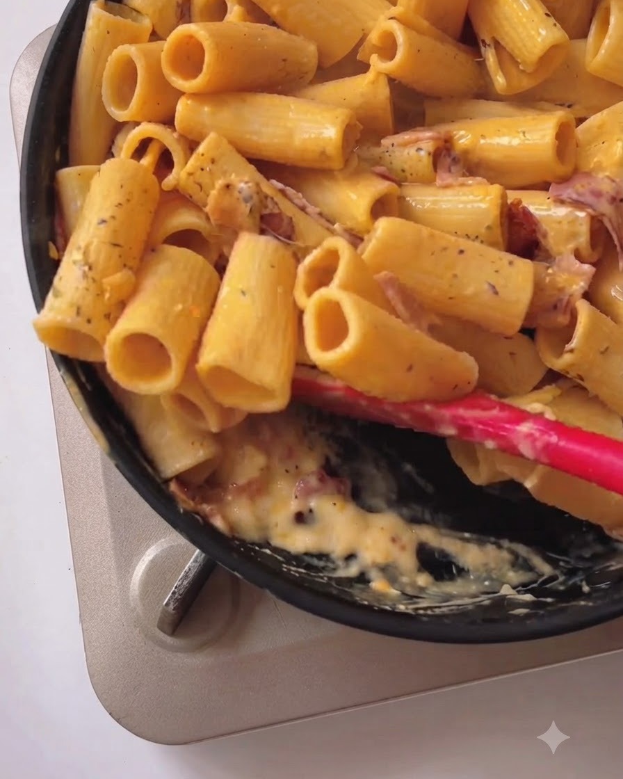 Rigatoni-Pasta wird mit cremiger gelber Sauce und Speck in einer schwarzen Pfanne mit einem roten Silikonspatel vermengt.