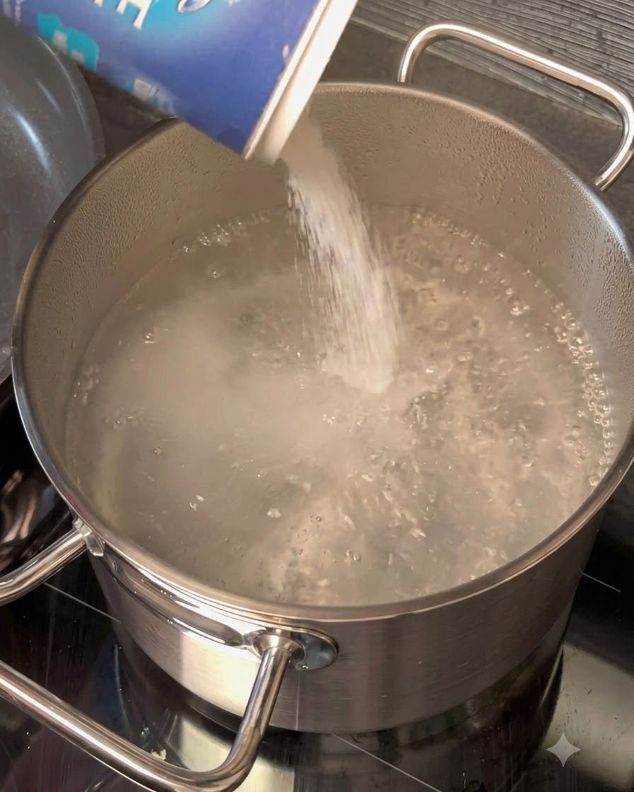 Grobes Salz wird aus einer blauen Schachtel in einen Edelstahltopf mit kochendem Wasser geschüttet.