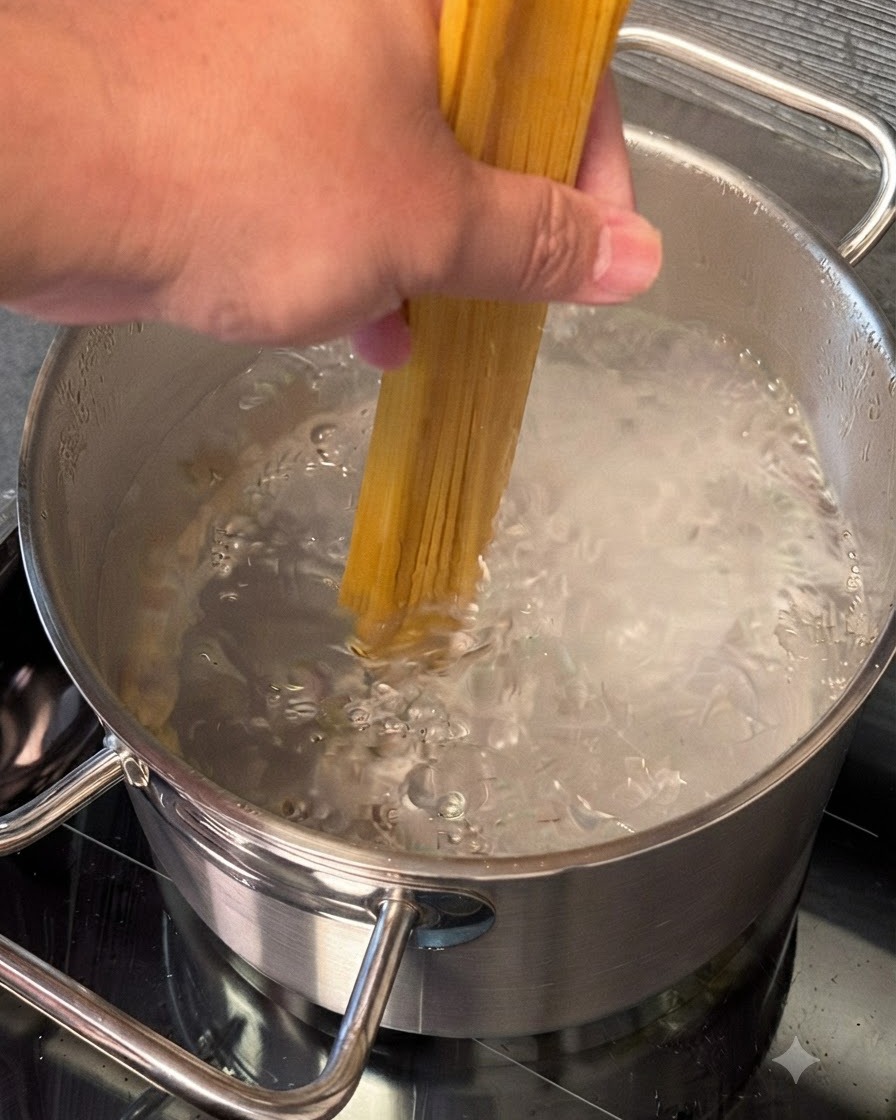 Eine Handvoll dicker Spaghetti Nr. 7 wird in einen Topf mit kochendem Wasser gegeben.