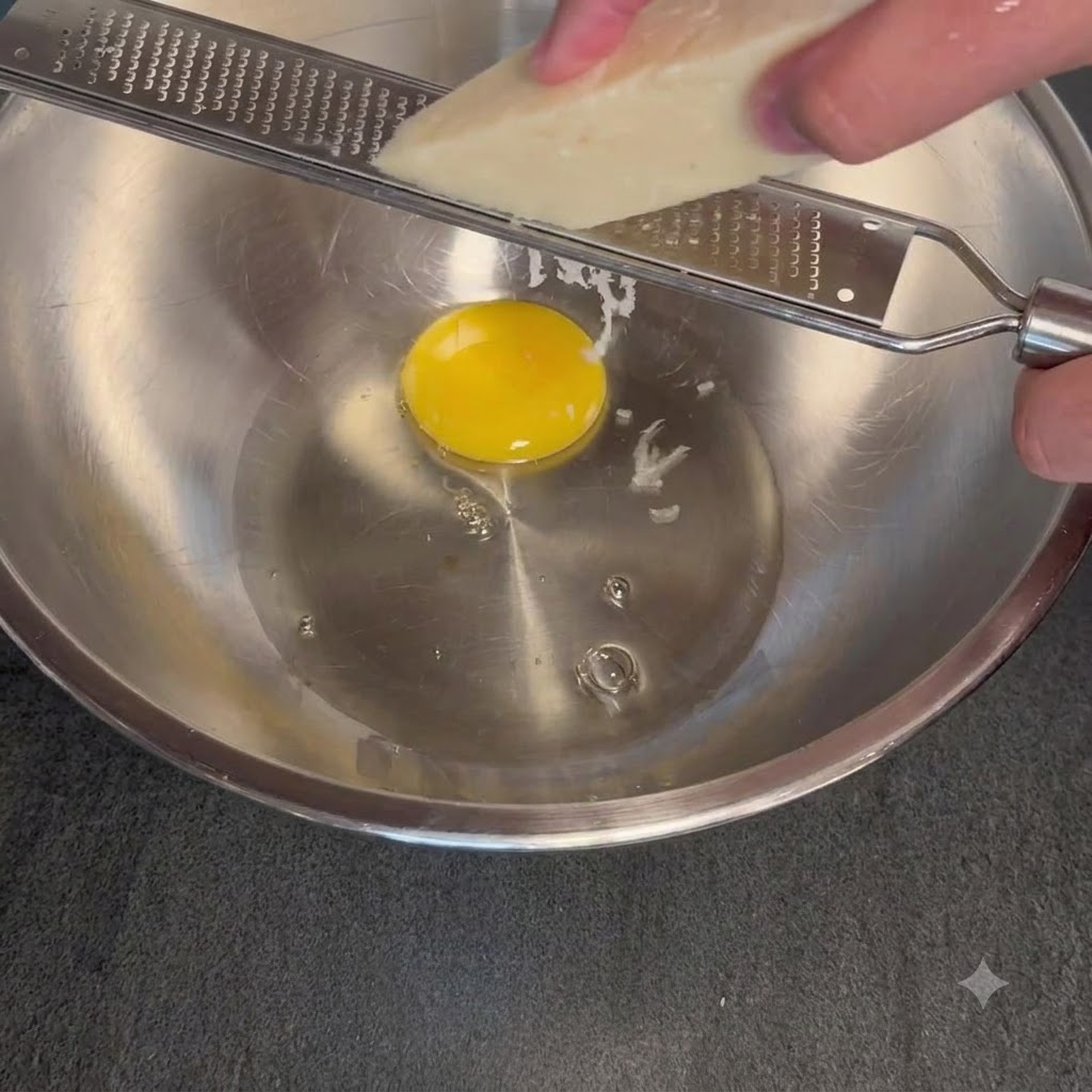 Eine Hand hält einen Käseblock an eine Metallreibe über ein Ei in einer Edelstahlschüssel.