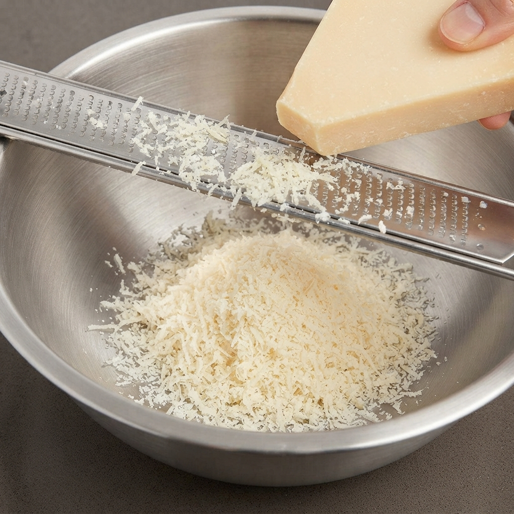 Parmesan wird mit einer Metallreibe über die Rührschüssel gerieben.