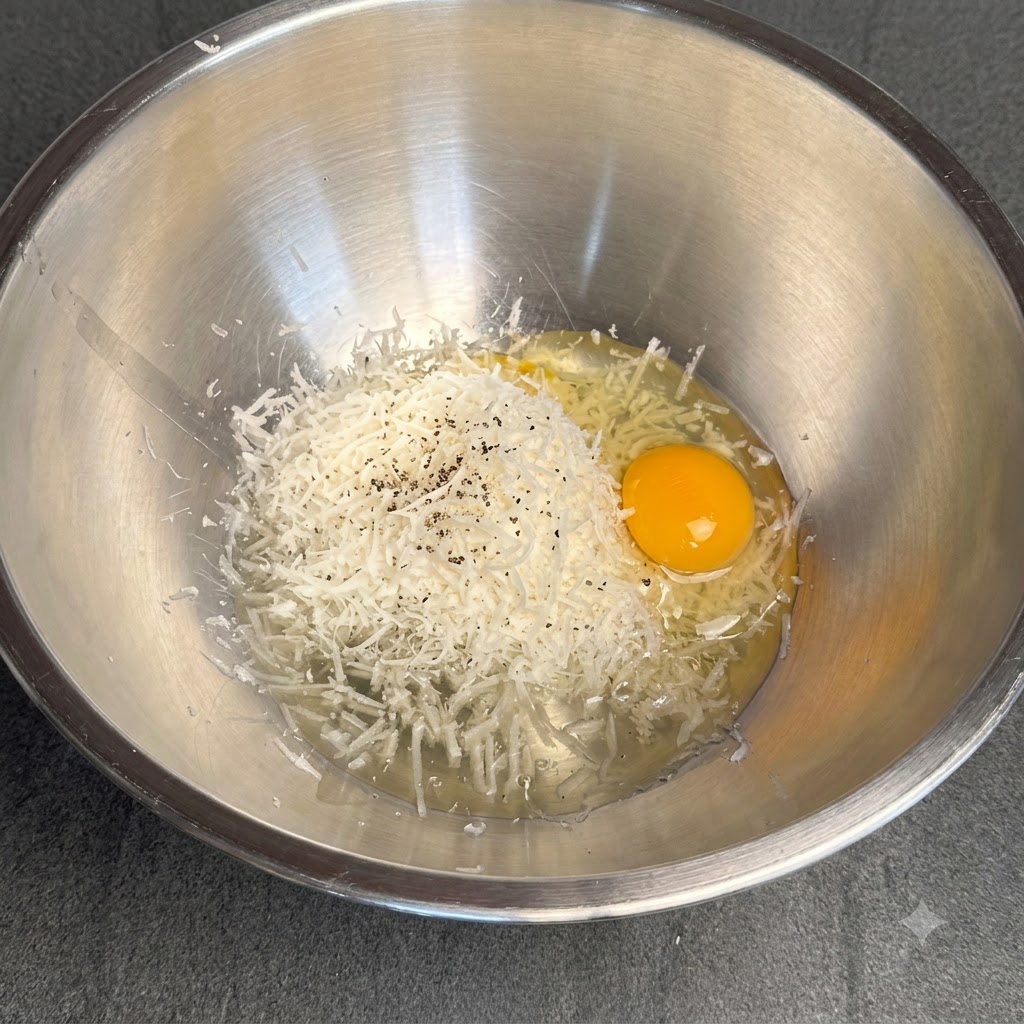 Eine Prise schwarzer Pfeffer wird über geriebenen Käse und ein Eigelb in einer Metallschüssel gestreut.