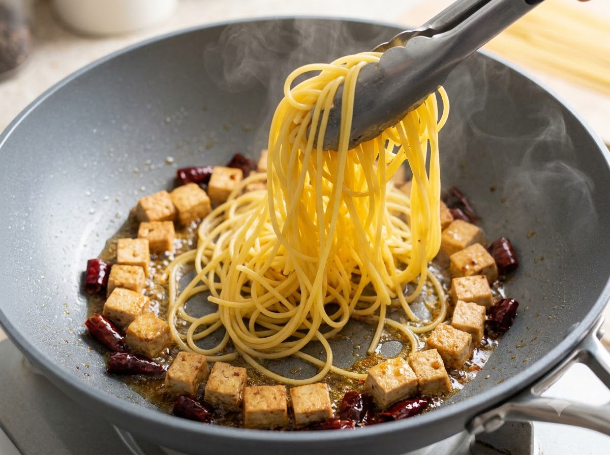 Spaghetti-Nudeln werden mit einer Zange in eine Pfanne mit gewürfeltem Schweinefleisch gehoben.