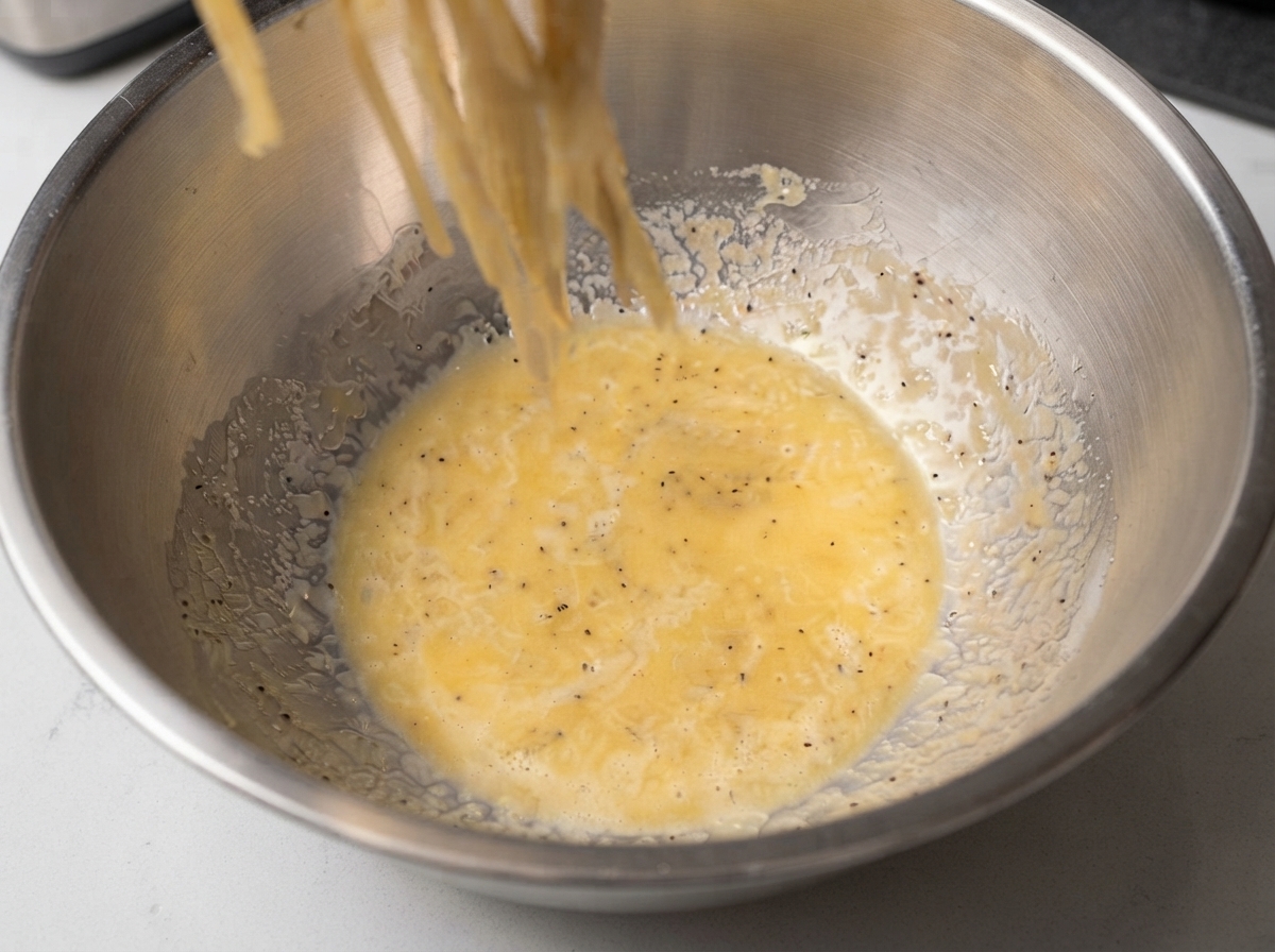 Heiße Spaghetti-Stränge werden aus einer Pfanne in die Schüssel mit der vorbereiteten Eier-Käse-Soße gegeben.