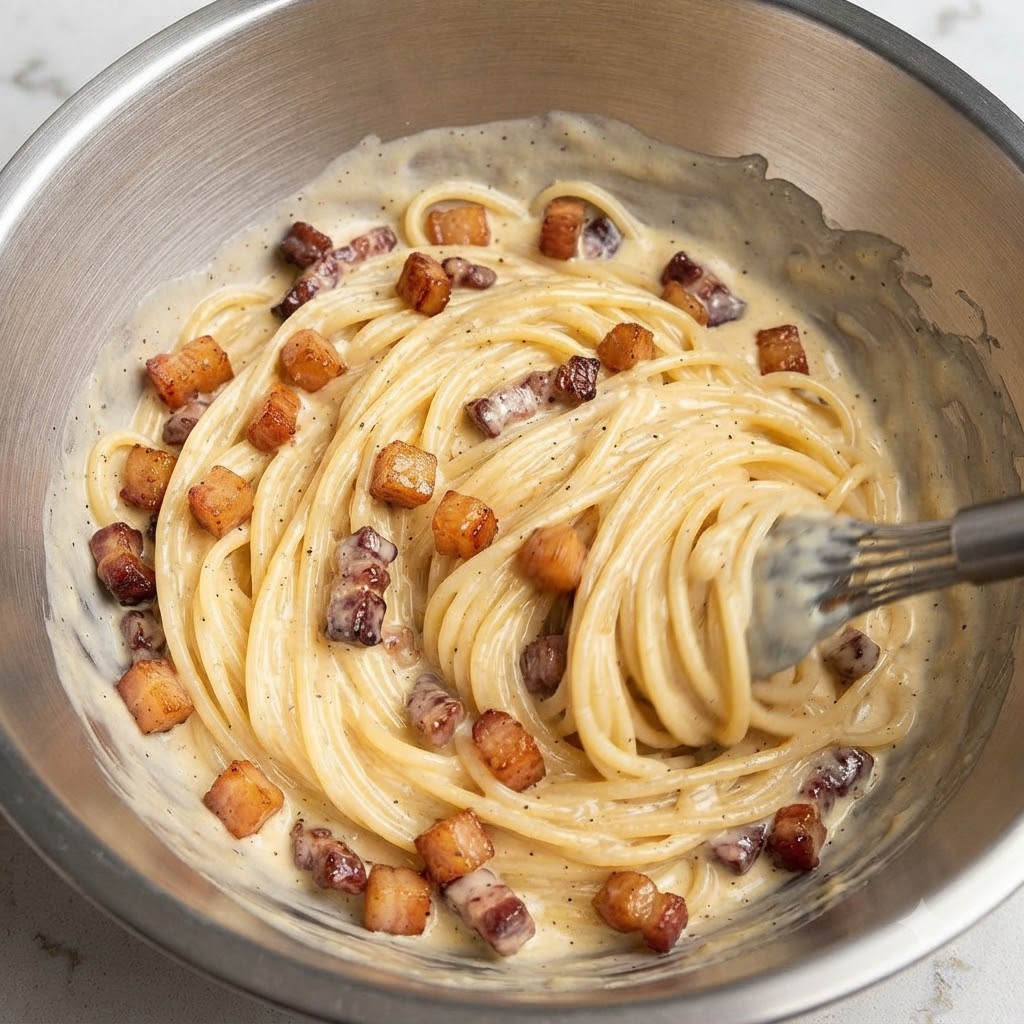 Spaghetti mit Speckstückchen werden kräftig mit einem Schneebesen in einer Metallschüssel verrührt.