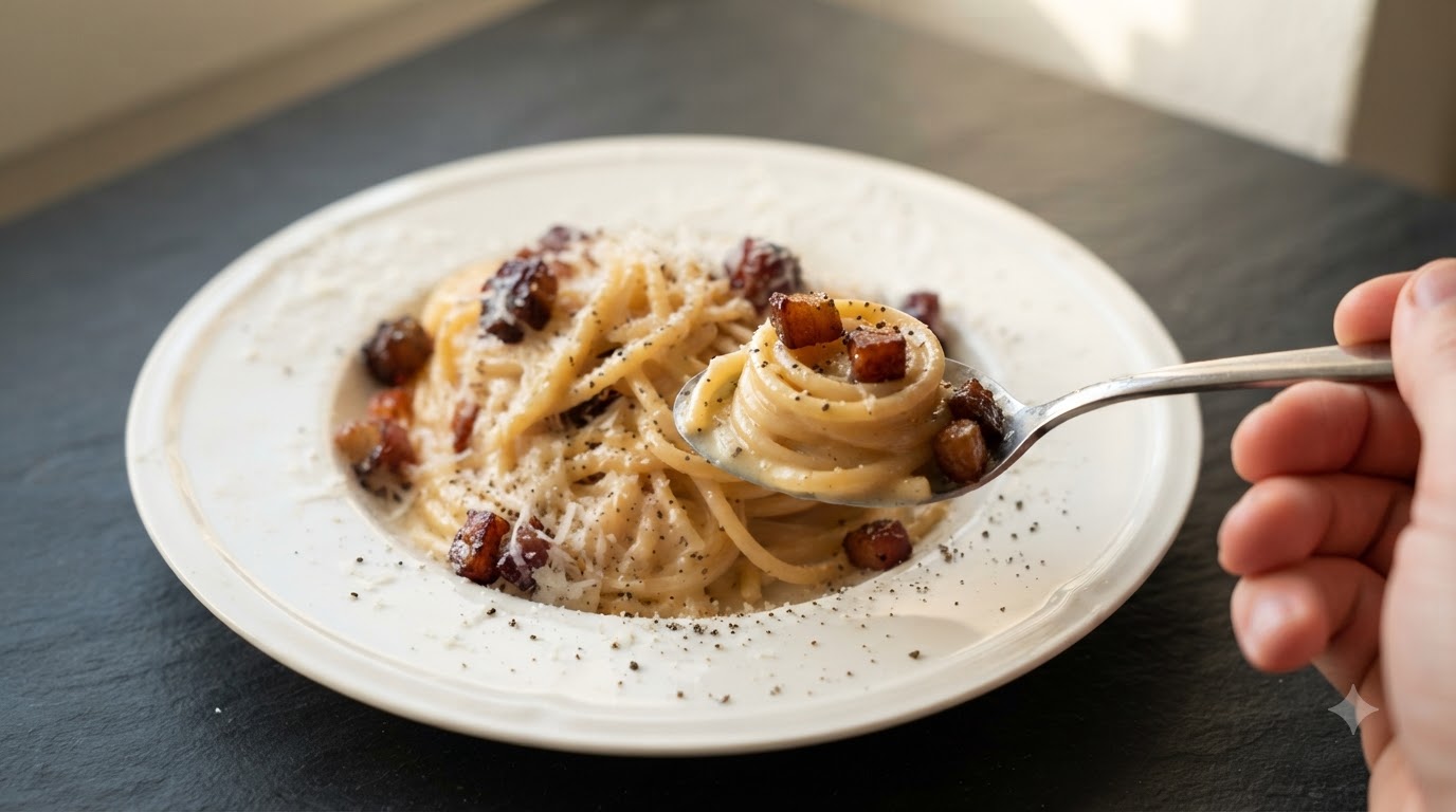Ein Teller cremiger Carbonara-Spaghetti, getoppt mit knusprigen Speckwürfeln, geriebenem Parmesan und frisch gemahlenem schwarzem Pfeffer.
