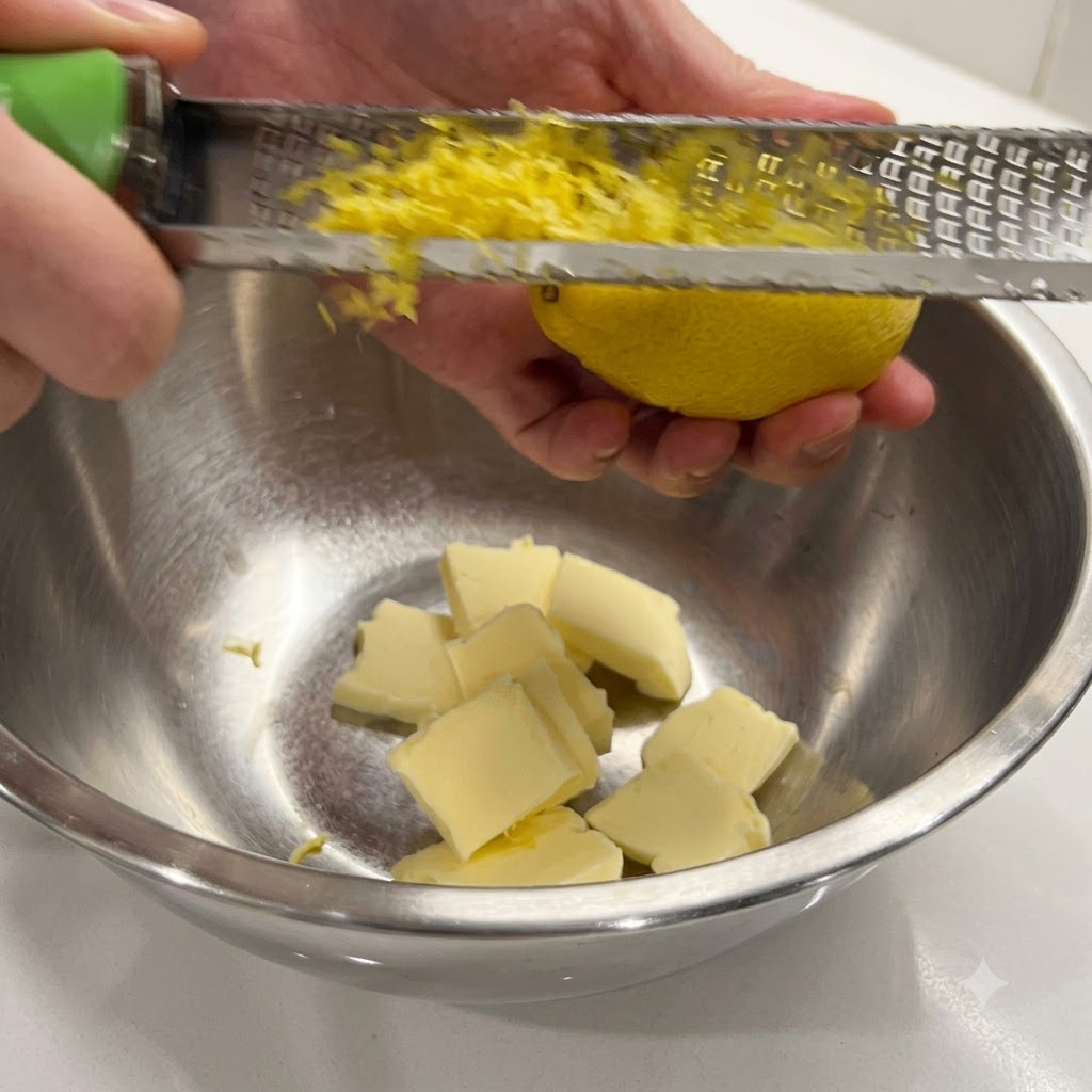 Eine Hand reibt mit einer Feinreibe die Schale einer frischen Zitrone über eine Metallschüssel mit gewürfelter Butter.