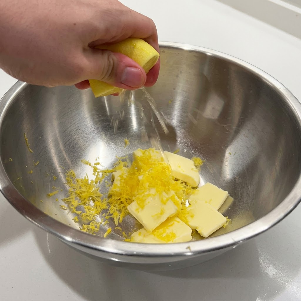 Eine Hand presst eine Zitronenhälfte aus und lässt frischen Saft in die Metallschüssel mit Butter und Schale fliessen.