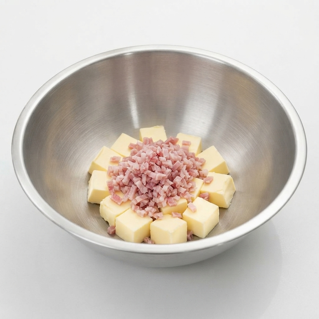 Ein Haufen fein gehackter rosa Speck liegt auf gewürfelter Butter und Zitronenmischung in einer Metallschüssel.