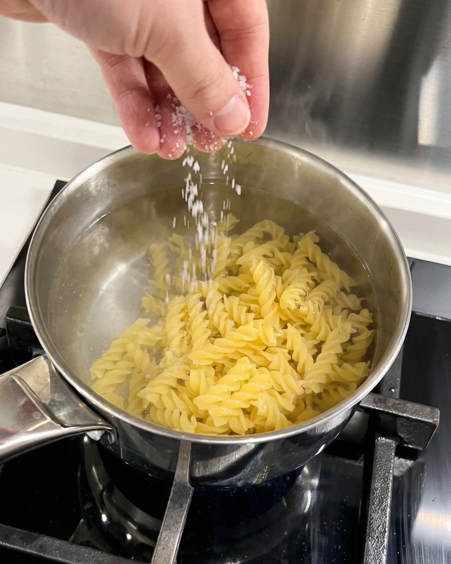 Eine Hand streut grobes Salz in einen kochenden Topf mit Wasser und darin kochenden Spiralnudeln.