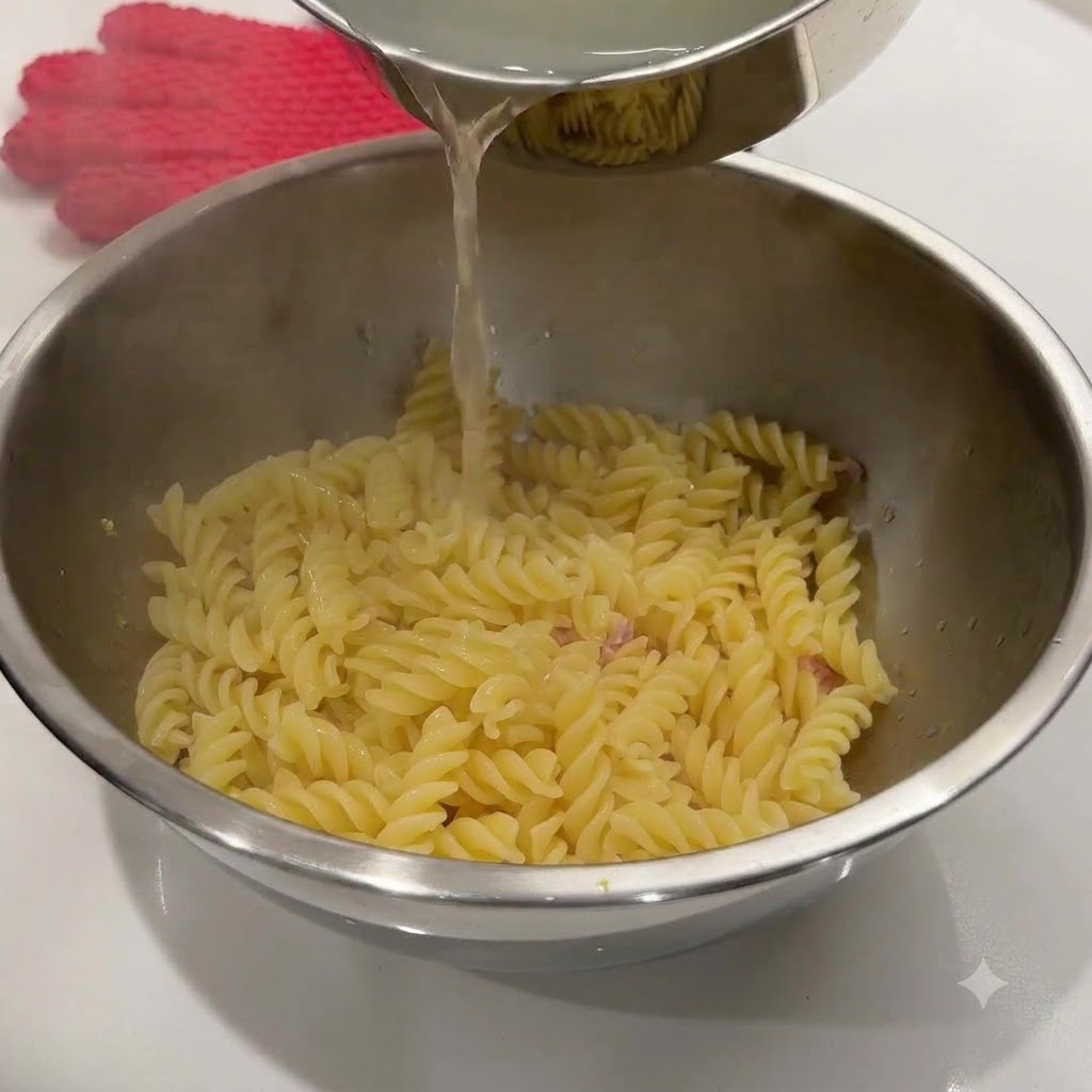 Heisses Nudelkochwasser wird aus einem Kochtopf in eine Metallschüssel mit gekochten Spiralnudeln gegossen.