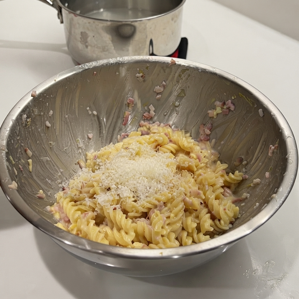 Frisch geriebener Parmesan liegt auf den Spiralnudeln in einer Metallschüssel.